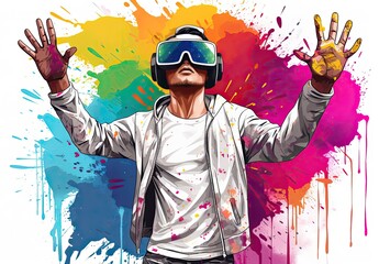 Man wearing virtual reality goggles in watercolor style with paint splatters. Virtual reality headset. Concept of technology and cyberspace. Illustration for banner, brochure, advertisement or card.