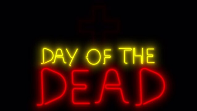 Neon animation Day of the Dead with a cross on a black screen. Festive stock video in memory of departed souls in 4K with alpha channel.