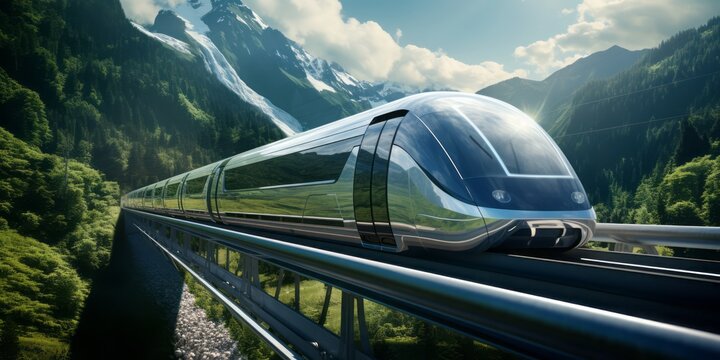 Hyperloop Train Encased in a Glass Tube Soars Across a Mountain Bridge, Marrying Advanced Transportation with the Enchanting Beauty of Mountain Scenery