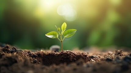 Plant seedling growing on fertile soil with sunlight, Ecology concept