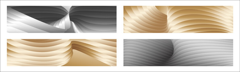 Wavy silver and gold parallel gradient lines, ribbons, silk. Set of 4 backgrounds. Black and white with shades of gray or golden silk. Banner, poster. eps vector