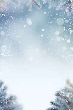 blue and white winter background with fir tree branches and decorations with space for text, winter and christmas background