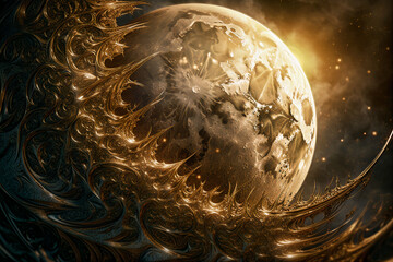 ethereal moon with golden energy swirls, generative ai