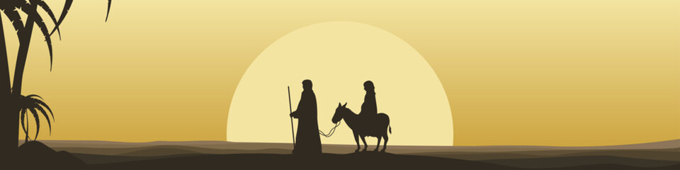 Joseph and pregnant Mary travel to Bethlehem on a donkey.
