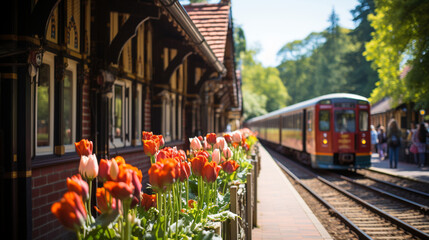 A quaint village station platform with passengers saying goodbye, highlighting the close-knit community and heartfelt farewells