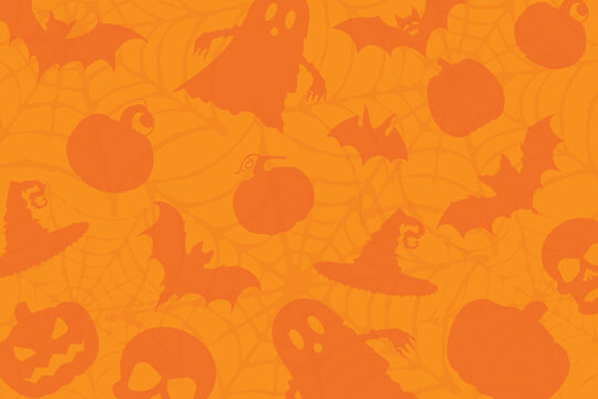 Halloween seamless background with orange colors. Pumpkins, bats, ghost, witch hat, skull and spider web icons on the orange backdrop. Vector pattern design.