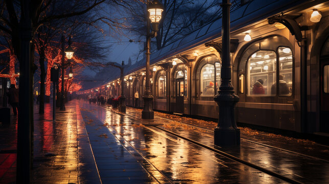 A station at twilight, where travelers share warm hugs and kisses under the soft, magical glow of streetlamps and station lights