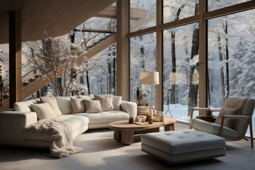 Modern interior with beige sofa and big window. house design, luxury lifestyle, relax and holiday concept. Scandinavian style. winter vacation