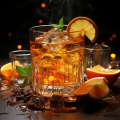 whiskey cocktail with lemon and ice on dark background. party and luxury lifestyle. copy space. square