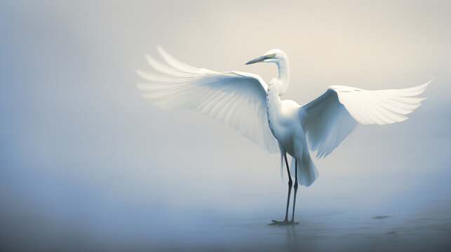 An egret with its wings spread on a foggy pond 