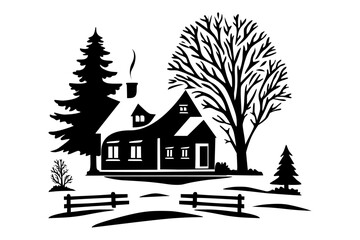 A house in the winter forest. Landscape. Black silhouette. Stencil. Transparent background. Can be used for web design, printing, for fabric, stickers, paintings. Suitable for New Year and Christmas 
