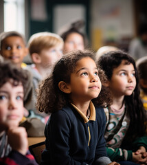 Group of diverse attentive children during a class at school - obrazy, fototapety, plakaty