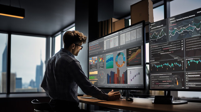 Economic analyst man observes macroeconomic data and big data on screens with graphs