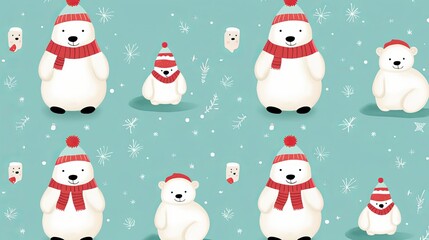 Winter, Christmas, seamless pattern with a lovely white polar bear and snowman