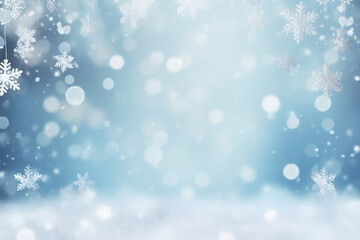 blue and white winter background with falling snow and bokeh with space for text, christmas and winter background