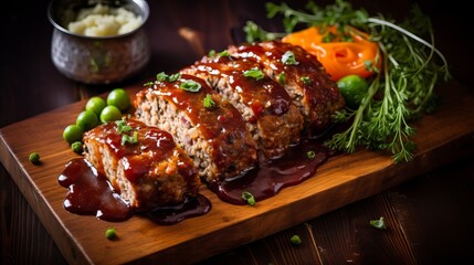 A table with pork meatloaf, veggies, and dark onion sauce