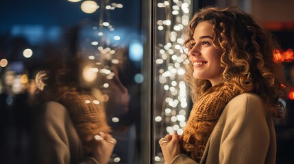 Picture of a happy woman standing outside a store at night and gazing at a display of Christmas lights