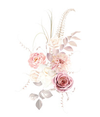 Boho beige and blush trendy vector design vertical floral bouquet. Pastel dried boho plants, dusty pink rose