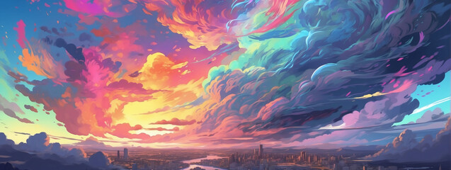 An apocalyptic sky filled with abstract, swirling storms of color and light, Anime Style.