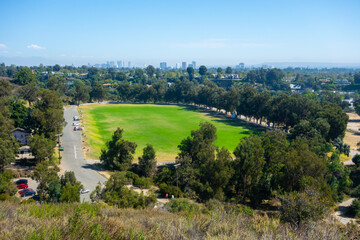 Views of Will Rogers State Historic Park Polo Field in Pacific Palisades, California at the foothills of the santa monica mountains
