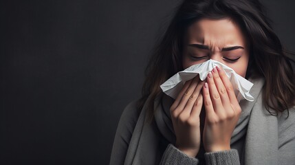 blowing nose with a gray background and people are suffering from the flu and a cold