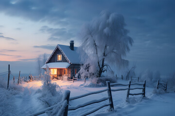 Beleuchtete Blockh&uuml;tte in wundersch&ouml;ner Winterlandschaft, mit viel Schnee