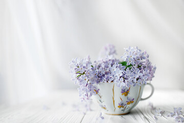 a small porcelain cup with lilac on a white background.