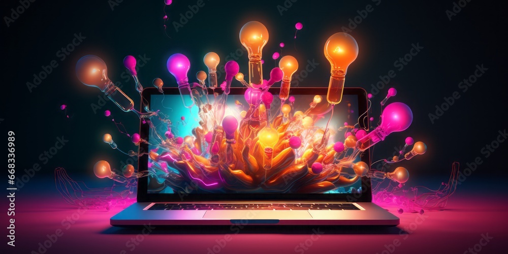 Poster A Laptop Surrounded by a Glowing Light Bulb and Colorful Idea Objects, Signifying the Dynamic Intersection of Marketing, Creative Campaigns, Business Solutions, and Startup Success, Fueled by Entrepre