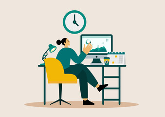 Work place web. Online meeting, office chair, table, remote work, homework,, collection. Vector illustration.