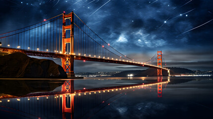 Golden Gate Bridge Illuminated at Night, Reflecting on Calm Waters, with a Starry Sky Featuring Shooting Stars Above.