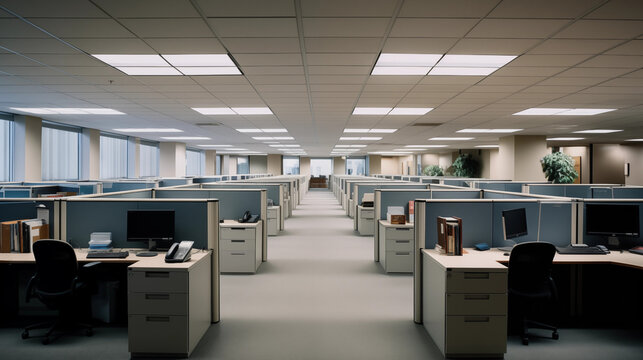 Down the row of a two-row cubicle farm with desks and dividers looking at an exit in the center pastel tones and colors