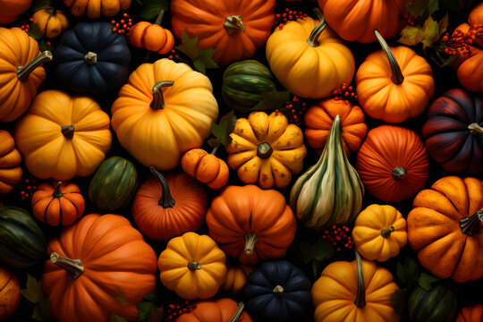 Many green and orange pumpkins pattern background