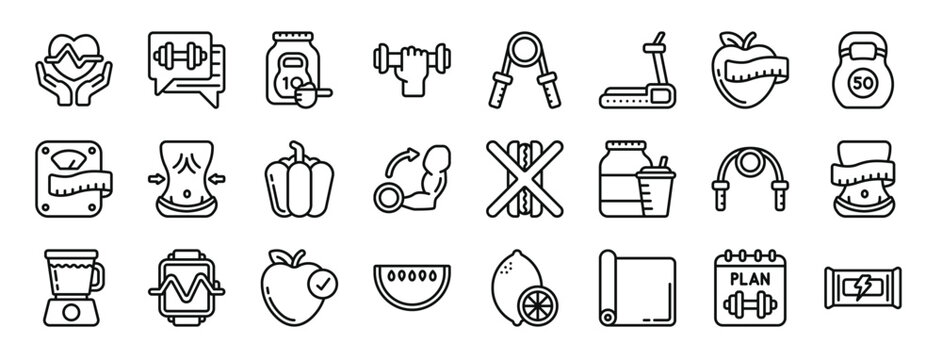 set of 24 outline web health kick icons such as heart, advice, protein powder, weight lifting, workout, treadmill, weight loss vector icons for report, presentation, diagram, web design, mobile app