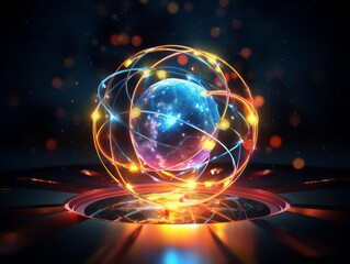 Atom Ball with Lighted Lights Floats in the Vast Expanse of Space, Merging the Intricacies of Atomic Structure with the Enigmatic Wonders of the Universe in a Celestial Scientific Vision