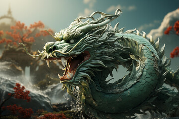 Traditional Asian green dragon close up, green background. 2024 Chinese New Year zodiac sign. AI Generative