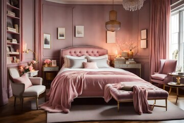 pink interior design of a room, A cozy pink and grey bedroom interior with a table, chair, and bed