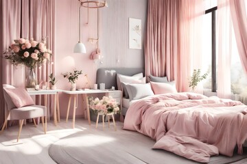 living room interior design, A cozy pink and grey bedroom interior with a table, chair, and bed