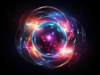 Obraz premium Atom Ball with Lighted Lights Floats in the Vast Expanse of Space, Merging the Intricacies of Atomic Structure with the Enigmatic Wonders of the Universe in a Celestial Scientific Vision