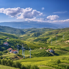 Beautiful hilly landscape with wind turbines generating electricity. Super realistic photo with high detail Renewable energy source