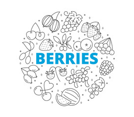 Set of berry icons. Circular composition. Contains such symbols as blueberry, gooseberry, grape, watermelon, raspberry, cherry and more.