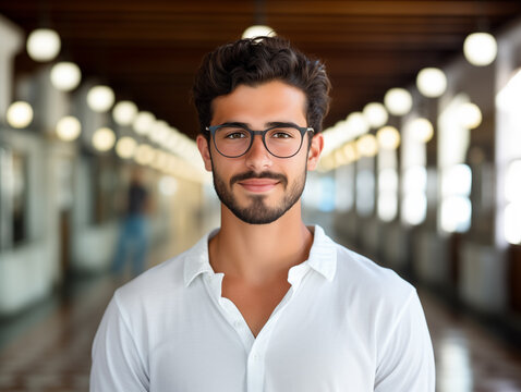 Joven latino con barba corta, vestido con una camisa blanca y gafas, sonriendo en un pasillo bien iluminado de un edificio moderno