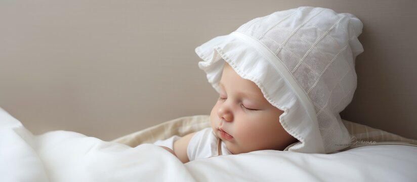 Infant with hat sleeping in bed