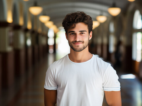 Joven latino con barba corta, vestido con una camisa blanca, sonriendo en un pasillo bien iluminado de un edificio moderno