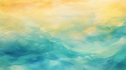 Ocean Blue Waves Watercolor: Sunny Beach Seascape with Teal and Golden Yellow Sky. Colorful Sunset, Water Waves, Wavy Texture Backdrop for Copy Space, Web, Mobile Banner