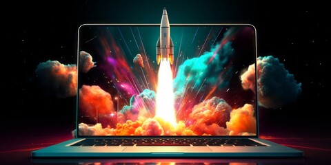 Launching Success: A Rocket Takes Off from a Laptop Screen, Signifying the Thrilling Start-Up Journey, Business Success, and the Creative Power of IT and IoT, Fueled by Innovative Business Plans
