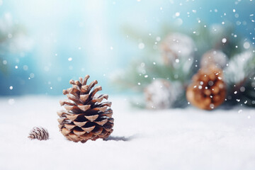 Fototapeta na wymiar Christmas tree in snow with cones. winter holidays background. christmas background.