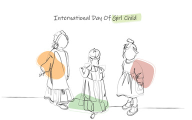 International day of girl child line art.group of stylish little girl friends. Young toddlerart Cool dress for girls. Trendy dressing of young kids. Fashionable stylish girl line art vector sisterhood