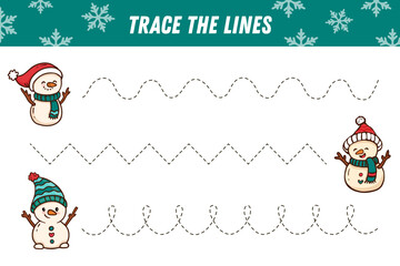 Tracing lines for kids. Christmas page with snowman. Handwriting practice. Educational game for kids . Activity page. Vector