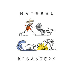 International day of Disaster Risk Reduction line art vector graphic. Natural hazards like volcano, floods, tornado and fire. Deadly events. Impact of disasters and their management continuous lineart