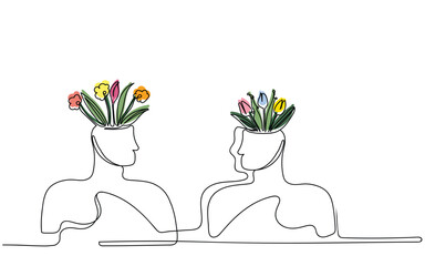 Thinking positive as a mindset. Woman watering plants that symbolize happy thoughts. Mental health awareness day. Protect your mind and nourish productivity. Psychology line art. Relief from anxiety